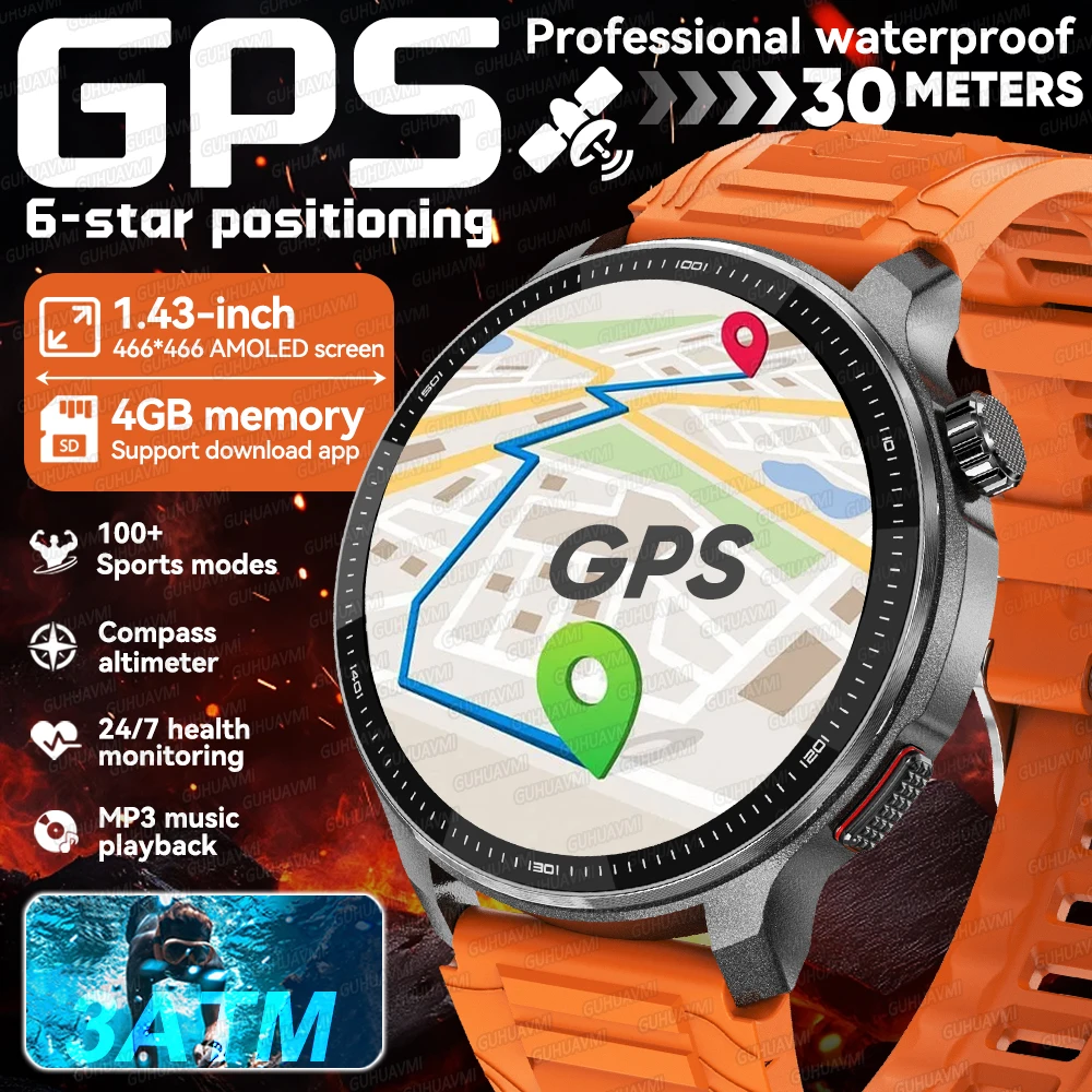 

New GPS Offline Map Smart Watch Men 1.43" AMOLED Screen 4GB Memory Video Music Compass 30M Waterproof Swim Sports Smart Bracelet
