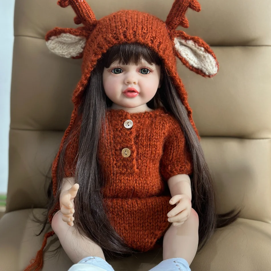 BZDOLL 55 CM 22 Zoll Lebensechte Reborn-Babypuppe mit Vollvinylkörper, Spielzeug, braunes langes Haar, realistische Prinzessin, Kleinkind, Bebe