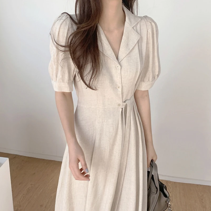 Ele été Chic col t-shirt bouton côté cravate taille bulle Sve lin Dr femmes taille haute printemps trajet Sle