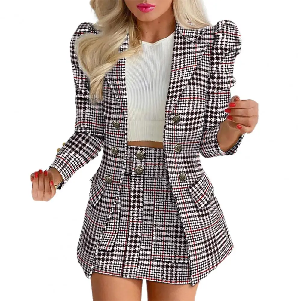 

Women Two-piece Suit Women Skirt Suit Chic Commute Suit Sets Flower Check Print High Waist Long Sleeve Jacket Skirt for Formal