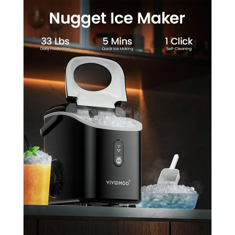 Nugget Ice Maker Countertop, 34lbs/Day, Portable Sonic Pebble Ice Maker with Self-Cleaning, Fast Ice in 6 Mins