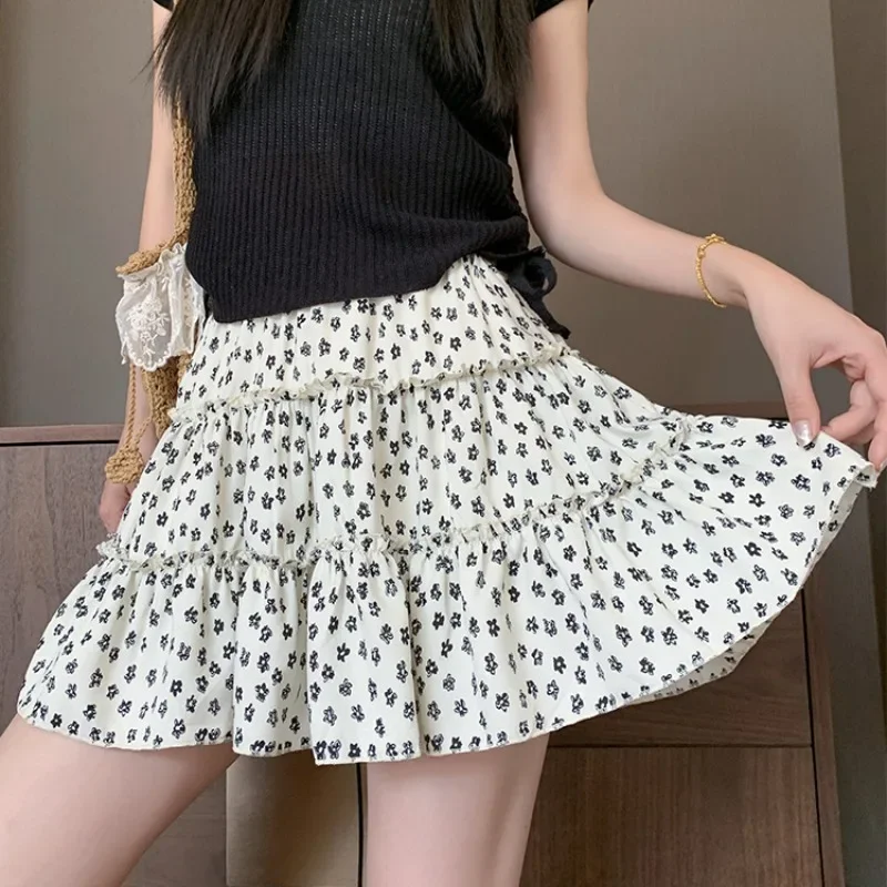 

2025 Women Floral Print Half Skirt Summer Elegant Versatile A- Line Fluffy Cake Short Skirt Sweet Chiffon Short Skirt