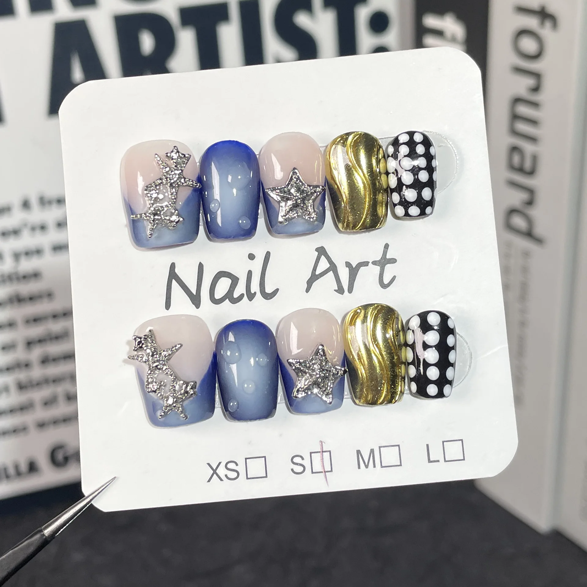 Handmade Fake Y2k Stars Nails Sea Blue French Tip Press On Nails Coffin Metal Starfish Decorated False Nails Short Nail Wearable