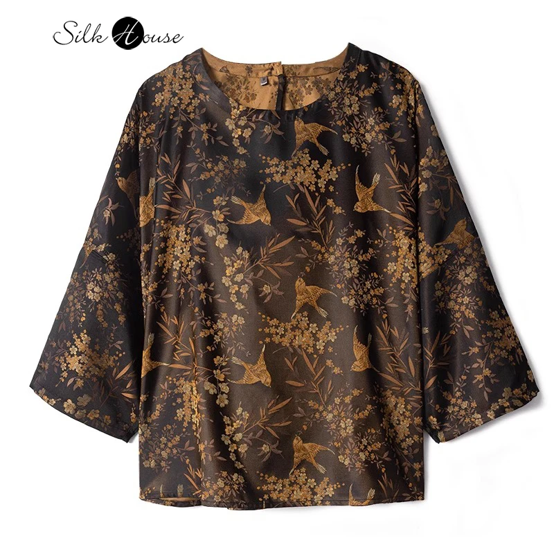 

2024 Women's Temperament New 100% Natural Mulberry Silk Song Brocade Black Flower/Bird Print Elegant Three-quarter Sleeve Top