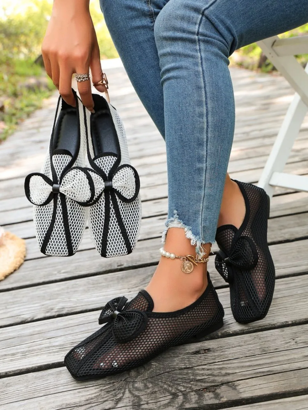 Retro Flache Schuhe Sommer Neu Quadratische Spitze Fischernetz Atmungsaktiv Hohl Ausgefallene Slip-on Baotou Halbpantoffeln Größe 42 – Detail 27