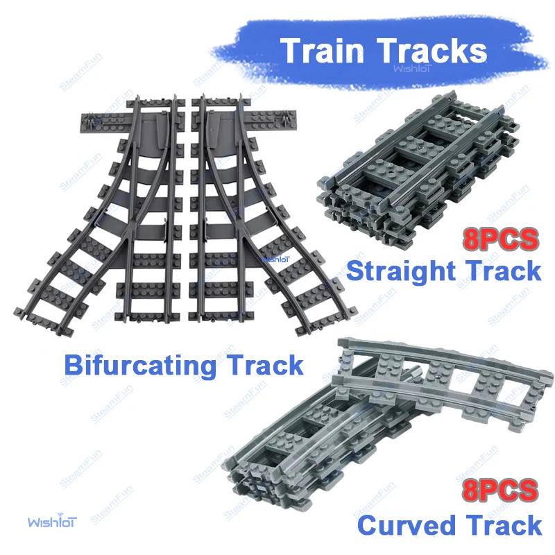 

Технические железнодорожные рельсы для Legoeds City Railway, 8 шт., прямые, изогнутые, разветвляющиеся рельсы, строительные блоки, детали MOC для городских сценариев