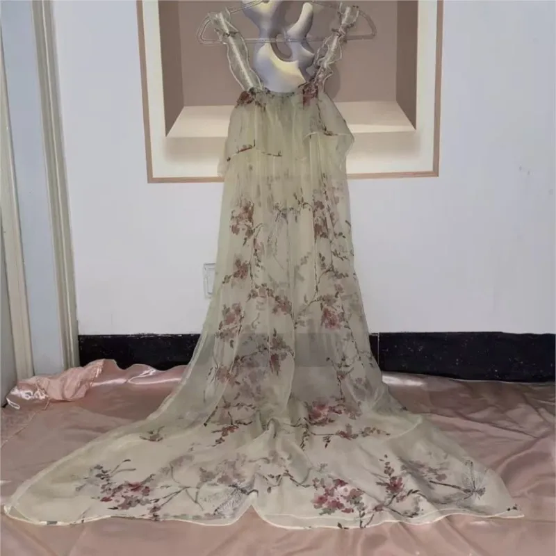 Transparent Floral Print Ruffles Suspender Dress Loose Maxi Dress Plus Size Pajamas Robe Sexy Soft Silky Night Dress