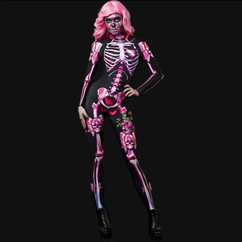 Day of The Dead Women Scary Ghost Costume Rose Skeleton Halloween Sexy Devil Jumpsuit Girl Carnival Party Clothing for Adult Kid