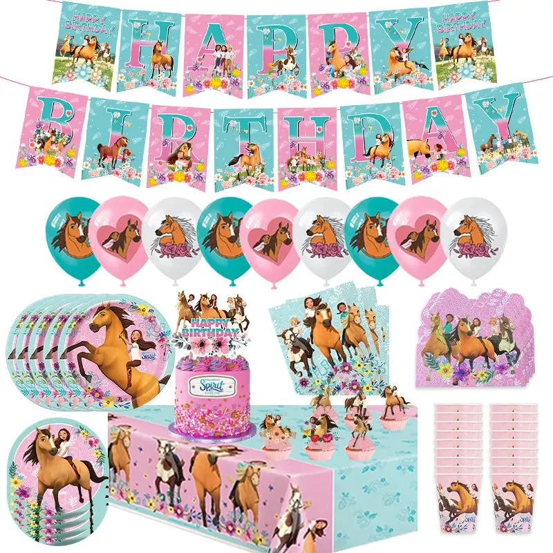 Spirit Riding Horse Birthday Party Decoration Party Supplies Girl Plate Banner Tablecloth Balloon Disposable Tableware Toy Gift