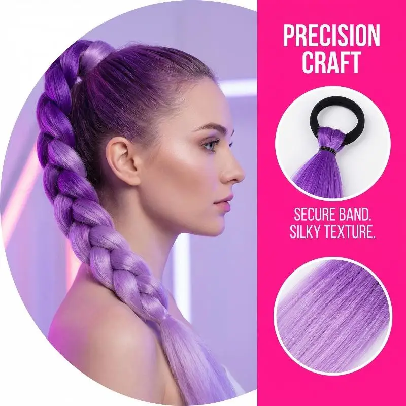 Ponytail Extension Synthetic Long Straight Purple Hair with Rubber Band Attach for Teenage Girls Party School Wear