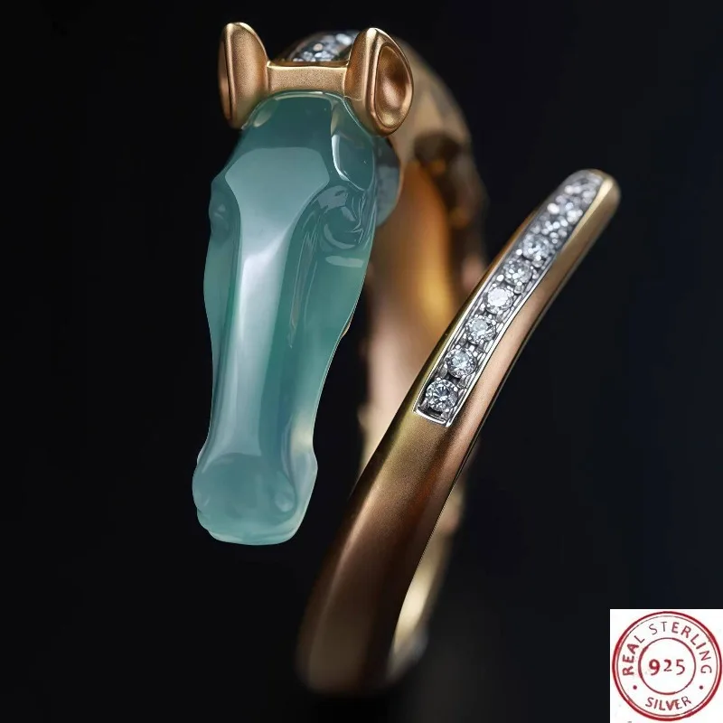 

New Chinese Style Imitation Jade Dragon & Horse Ring, Zircon Inlaid Lucky Adjustable Open Band, Minimalist Luck Statement Ring