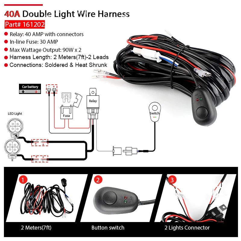 LED Light Bar Wiring Harness Wire Cable Relay 2M For Connect 2 LED Lamp ATV UAZ Offroad 4x4 Car 7-52 inch LED Bar Work Light 12V