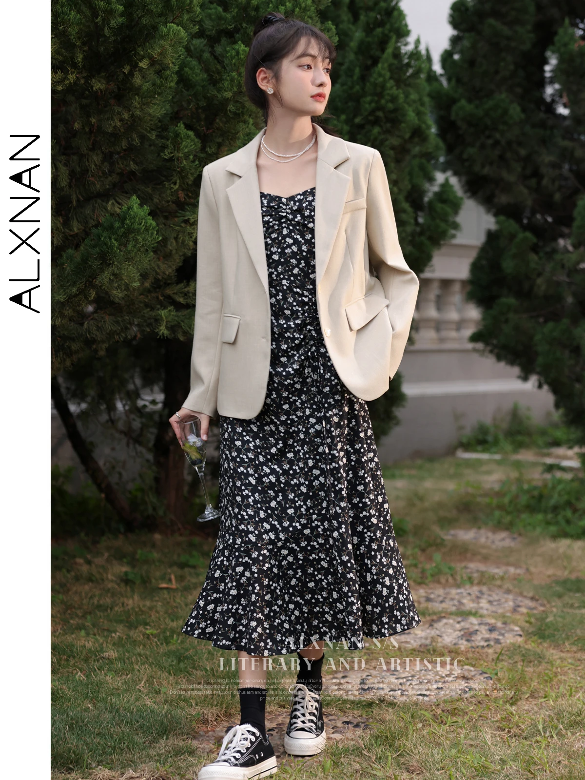 ALXNAN-Robe frenchy à imprimé floral pour femme, tenue élégante, chic, mi-longue, à bretelles spaghetti, taille haute, été 2024, LXN28720