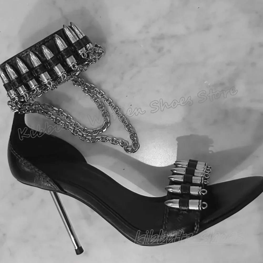 صنادل ديكور معدنية موضة جديدة موجزة مثيرة أنيقة بلون ساخن للفتيات مشبك حزام جلد جولة تو رقيقة عالية الكعب جديد