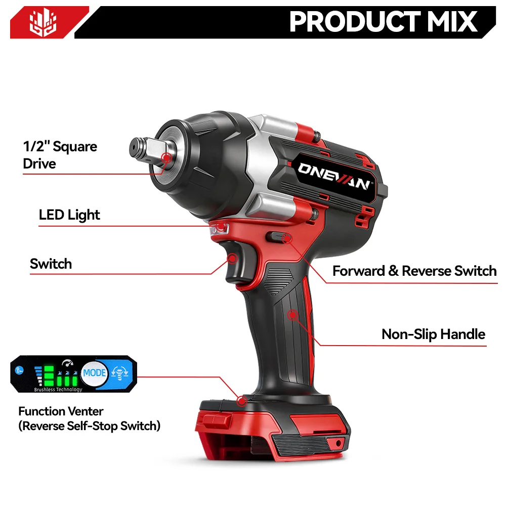 ONEVAN 1800N.M Brushless Electric Impact Wrench 1/2 inch Cordless Wrench Driver Power Tool For Trucks For Makita Battery Pin