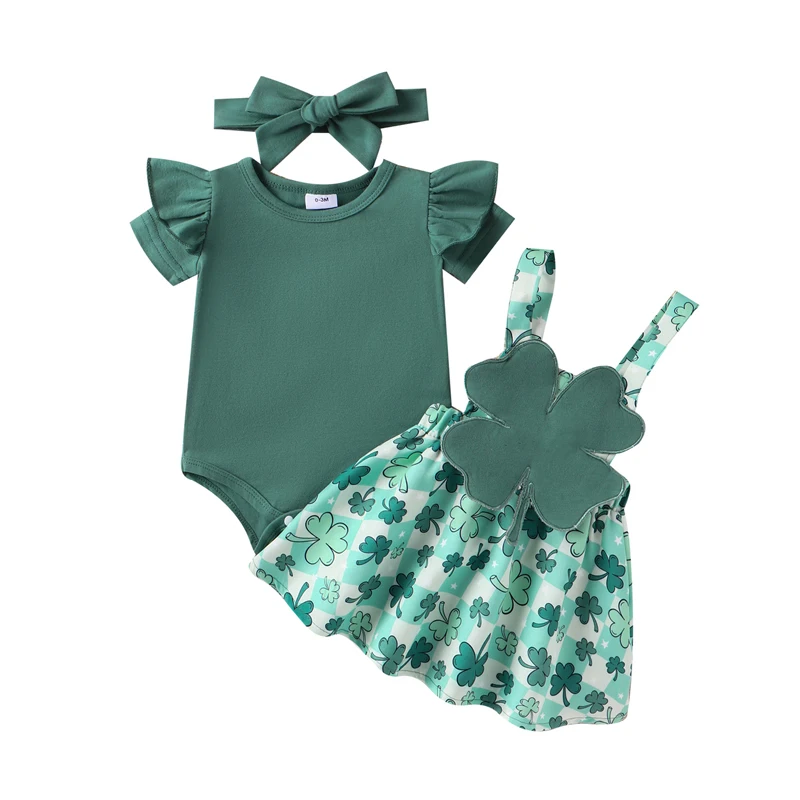 

Baby Girl 3 Piece Set Round Neck Short Sleeve Ribbed Romper + Clover Print Suspender Skirt + Headband Infant Toddler Outfits