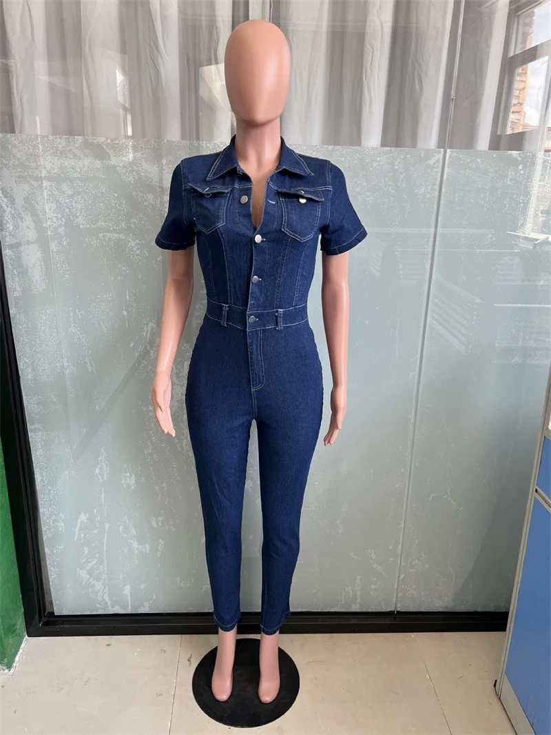 Vintage Denim Jumpsuits for Women Summer Clothing Turn Down Collar Button Up Jeans Rompers Playsuits One Pieces Overalls Outfits