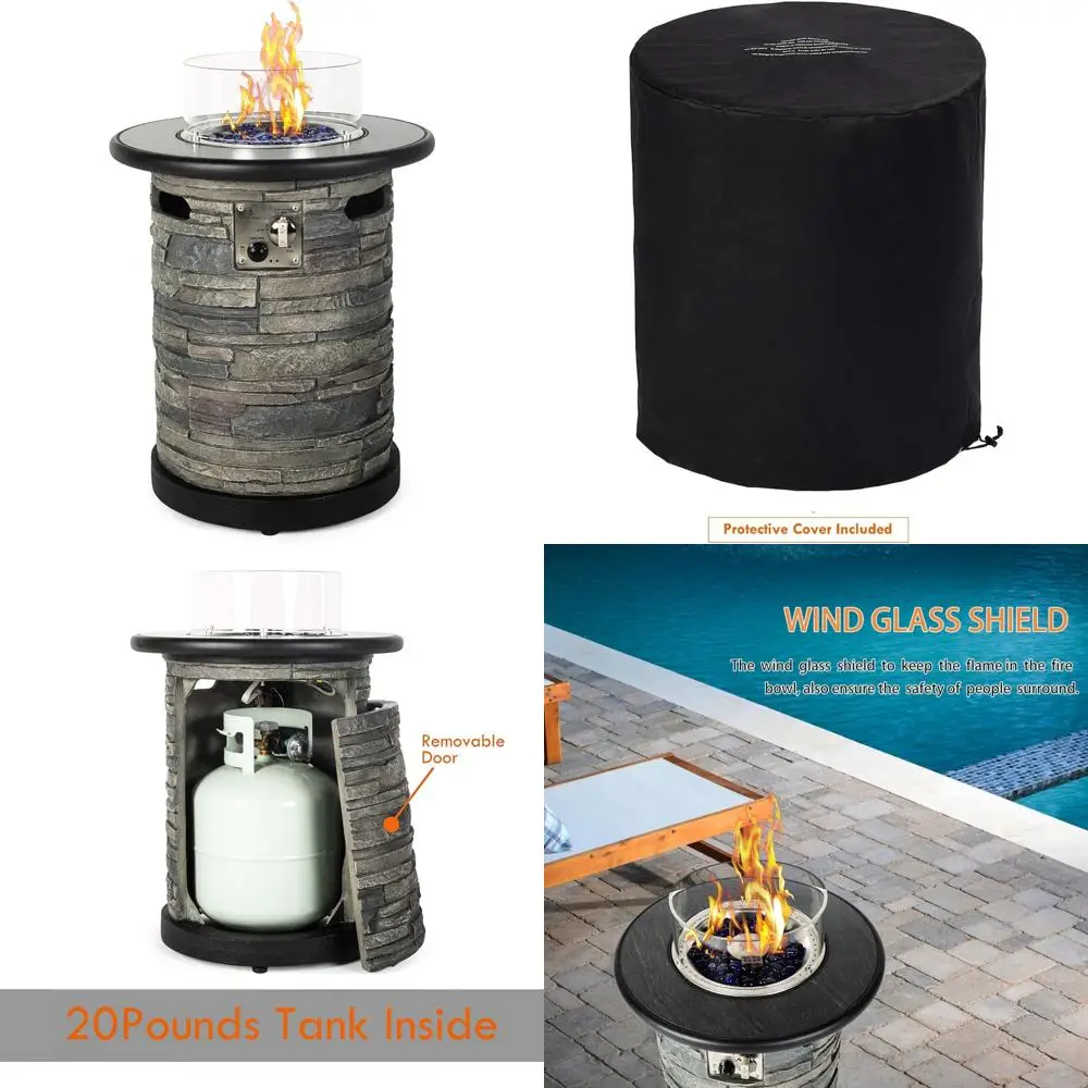 

Round Porcelain Tile Top Propane Fire Pit Table with 22 Fire Bowl Column and 40,000 BTU Auto-Ignition System