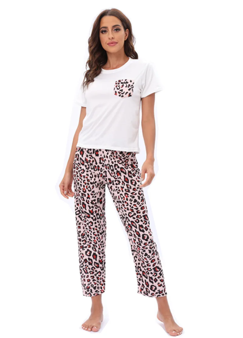 Damen Pyjama Set 2 Stück Leoparden muster Pyjama Tasche Nachtwäsche Frühling Sommer Kurzarm Hosen Pijama Mujer Pyjs Homewear