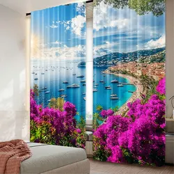 2Pcs French Riviera Coast View Curtains Medieval Town Landscape Curtains Sunshine Blue Sky Beach Curtains A