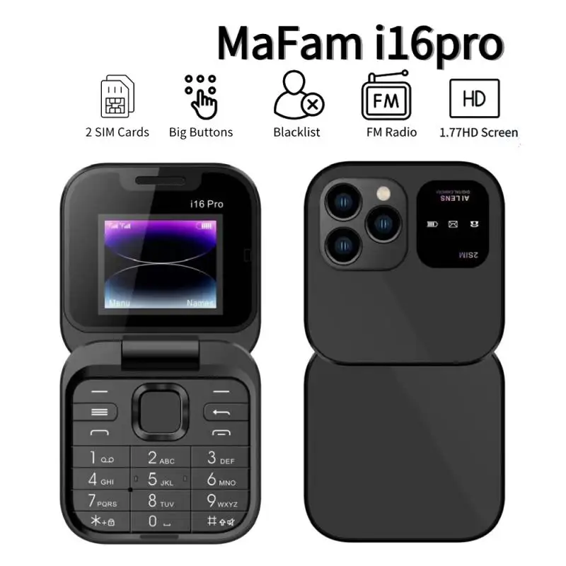 

2024 i16 Pro Small Foldable Mobile Phone Auto Call Record Speed Dial FM Radio Mini Flip Phone 2 SIM Card GSM Unlocked Cellphone