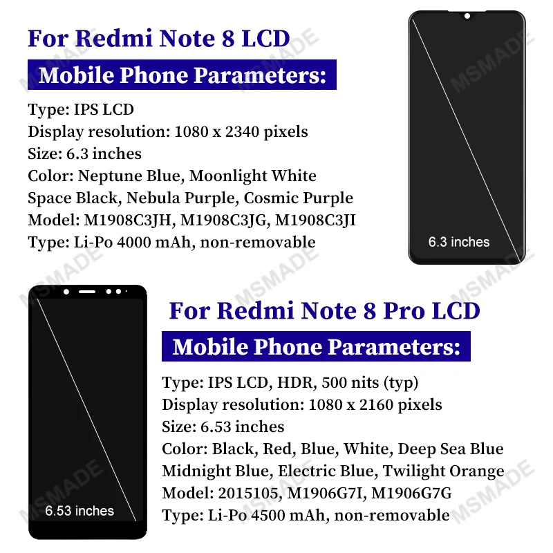 For Xiaomi Redmi Note 8 LCD Display M1908C3JG Touch Screen Digitizer Assembly For Redmi Note 8 Pro LCD M1906G7G Replace Parts