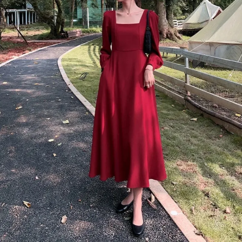 Red Vintage Long Sleeve Dress Women Party Elegant Ankle-length Female Square Collar Simple Korean Casual Streetwear Slim Style