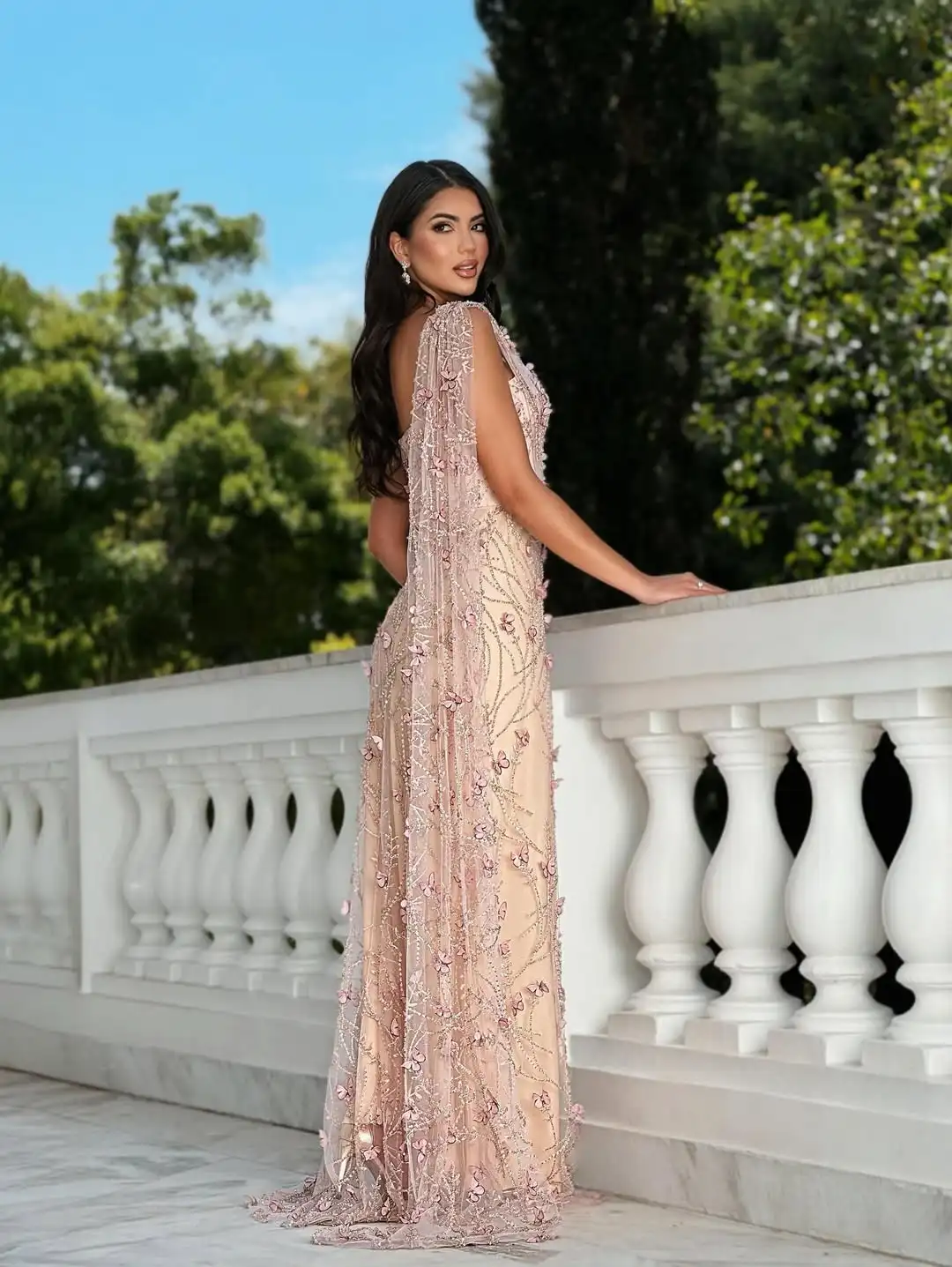 Ofherown-vestidos de noche con apliques de lazo y cuentas de lujo, mangas tipo chal, abertura larga, sirena, tul, vestidos de graduación, vestido de fiesta personalizado