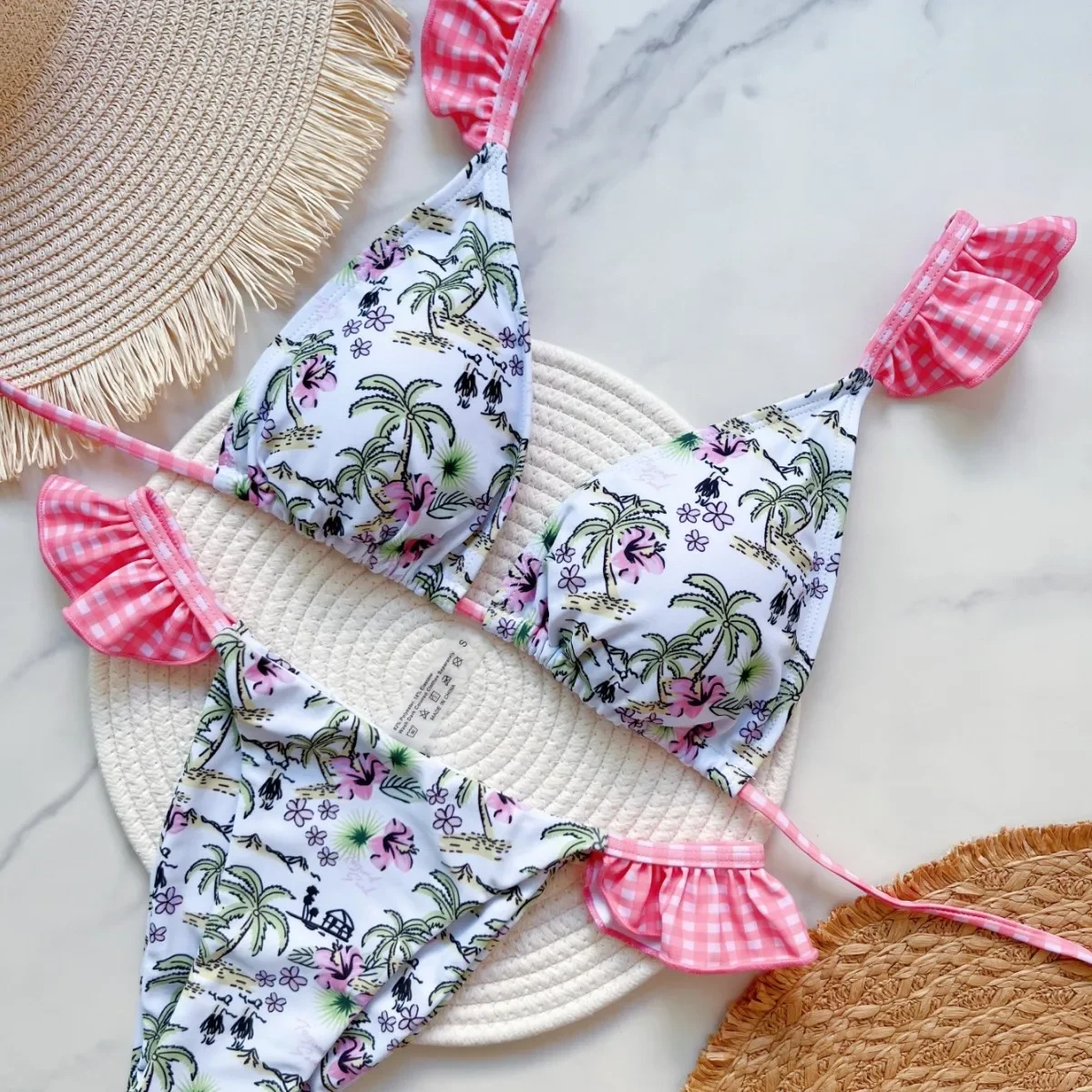 

Бикини с принтом и оборками, высокий вырез, женские купальники, женский купальник, комплект бикини из двух частей, купальный костюм, купальный костюм