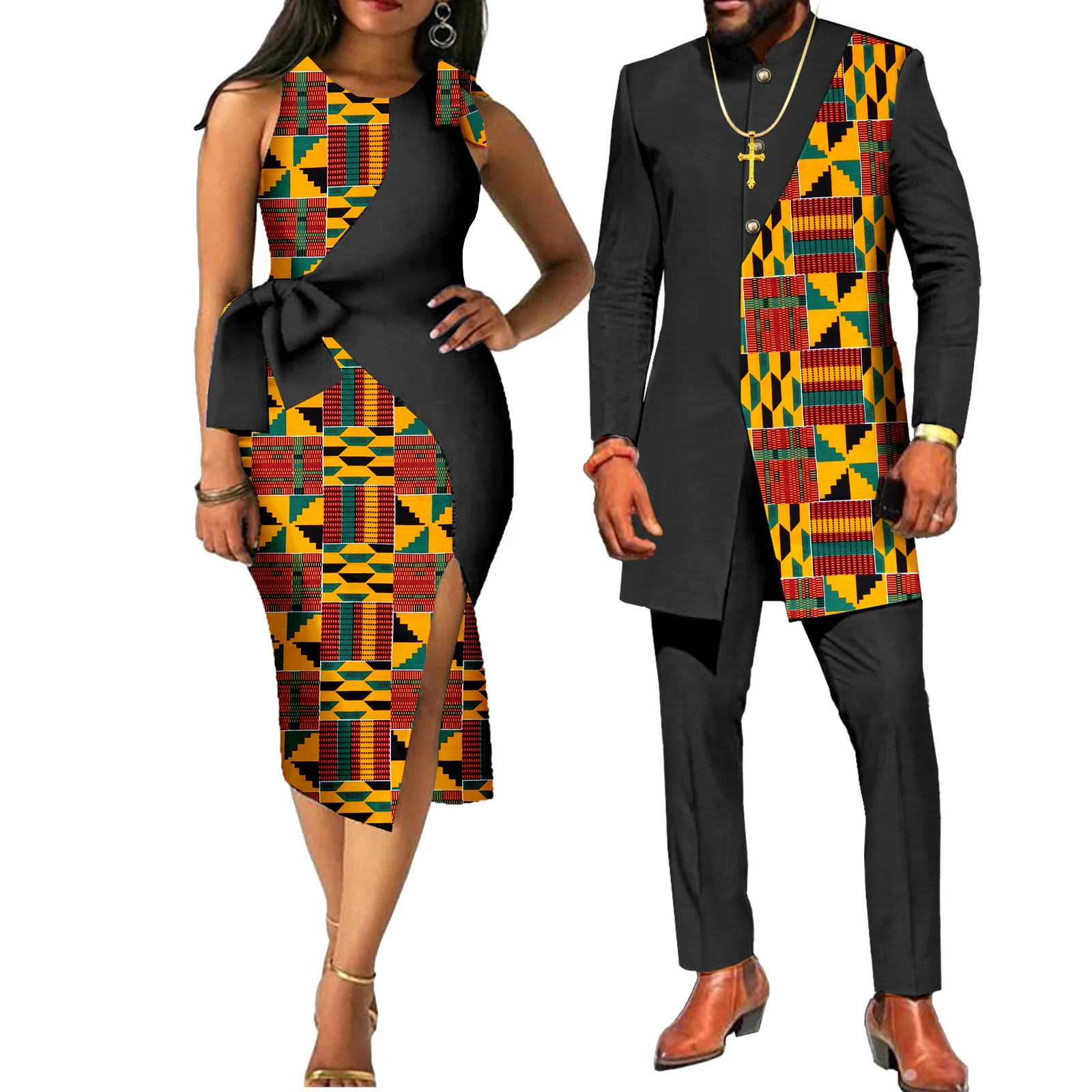 African Couples Women Print Wax Cotton Fashion Patchwork Hot Dress & Men 2 Pieces Shirt and Pants Sets