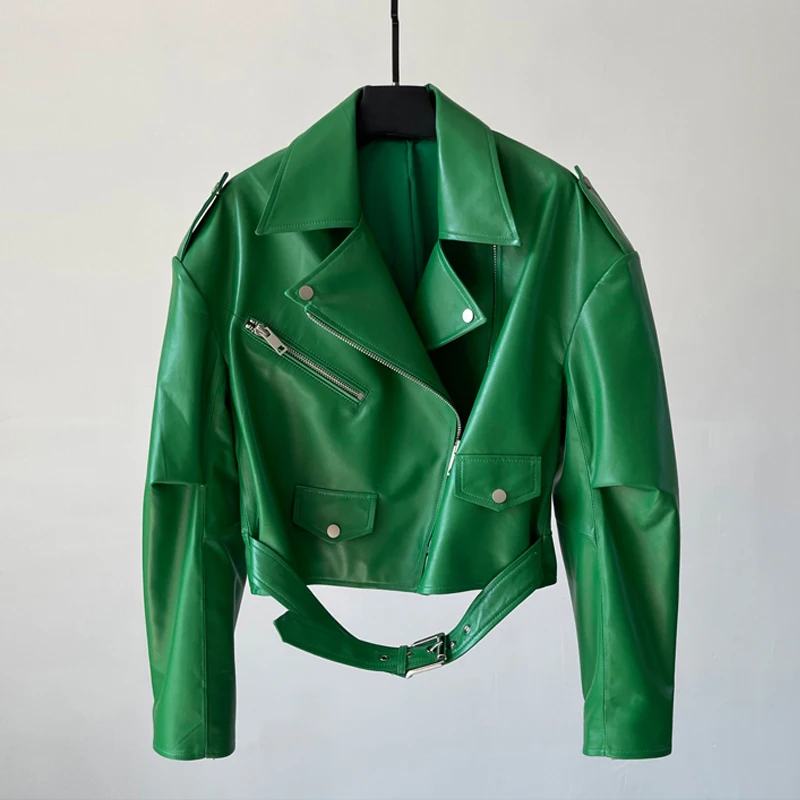 Grüne Schnür-Bikerjacke aus Schaffell mit Gürtel, modisch, für High Street, Damen, diagonaler Reißverschluss, lockere kurze Echtlederjacke