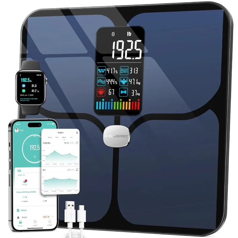 

ABLEGRID Body Fat Scale,Digital Smart Bathroom Scale for Body Weight, Large LCD Display Screen, 16 Body Composition Metrics BMI,