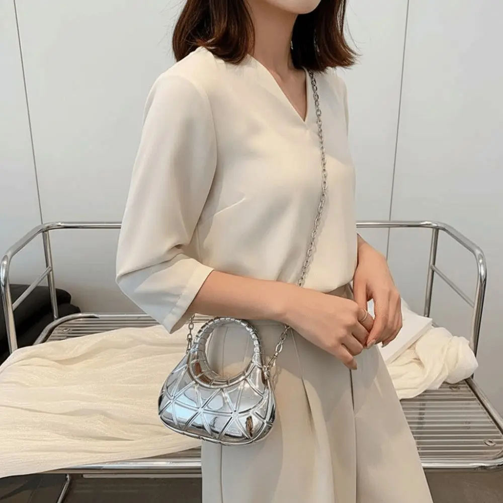 Mirror-like Surface Metallic Crescent Clutch Minimalist Silhouette Integrated Top Handle High-Shine Moon Bag Solid Construction