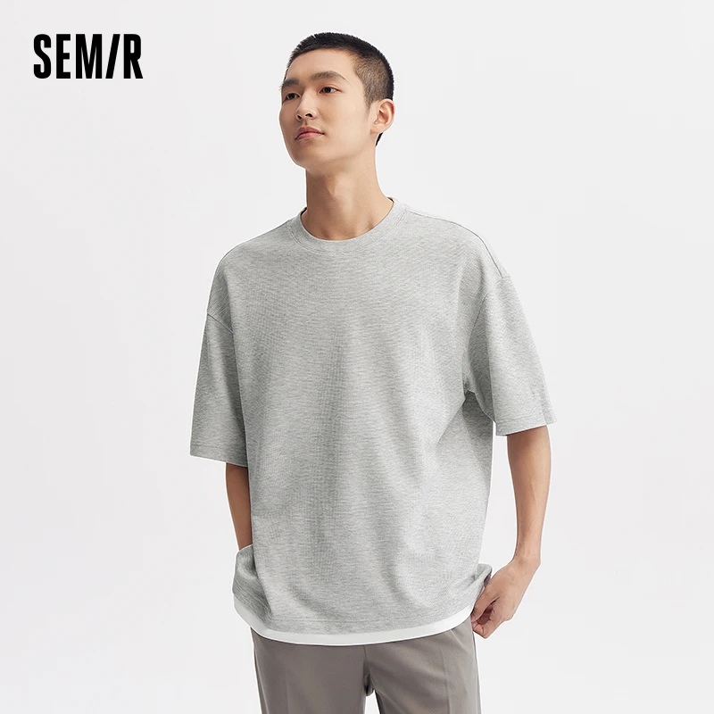 Semir Short-Sleeved T-Shirt For Men 2024 Summer New Cool And Textured Waffle Grid Top Trendy Color Collision Faux Two-Piece