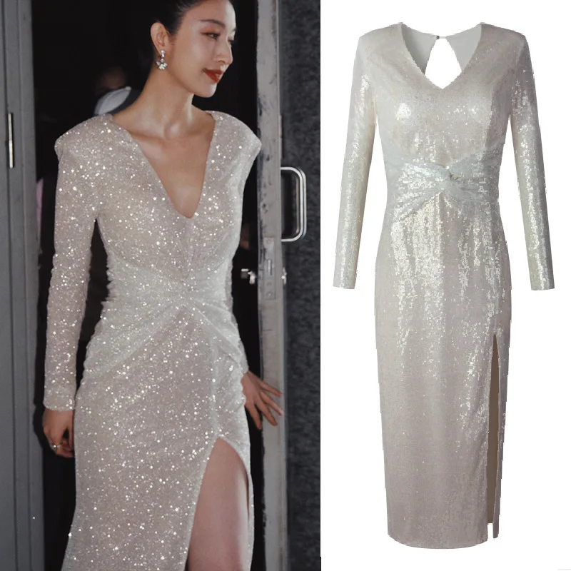 Sexy Glitter Fishtail Dress Women Silver Backless Long Sleeve Skinny Party Evening Dress Elegant Luxury Design Formal Dresses