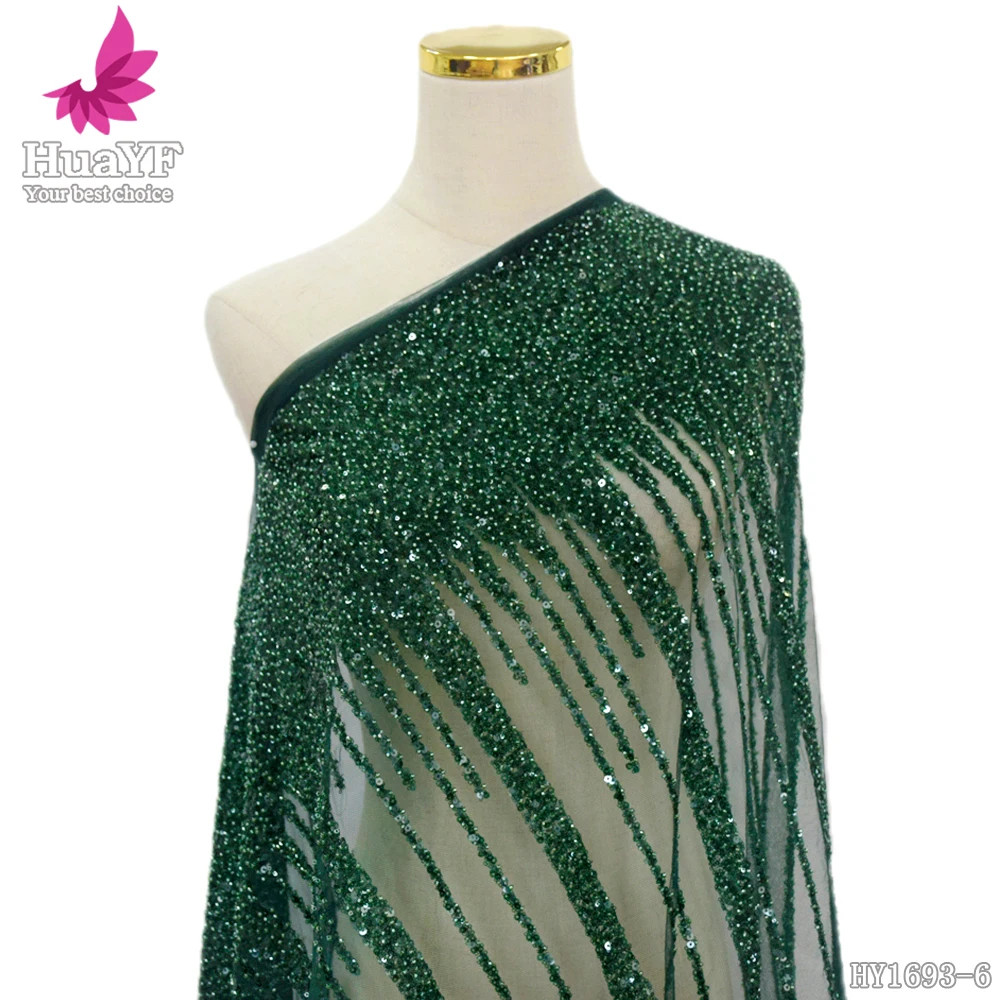 1 Yard Super Shiny French Tulle Lace Green Beaded Sequin Wedding Dress Fabric Mesh Sequin Bridal Gown HY1693