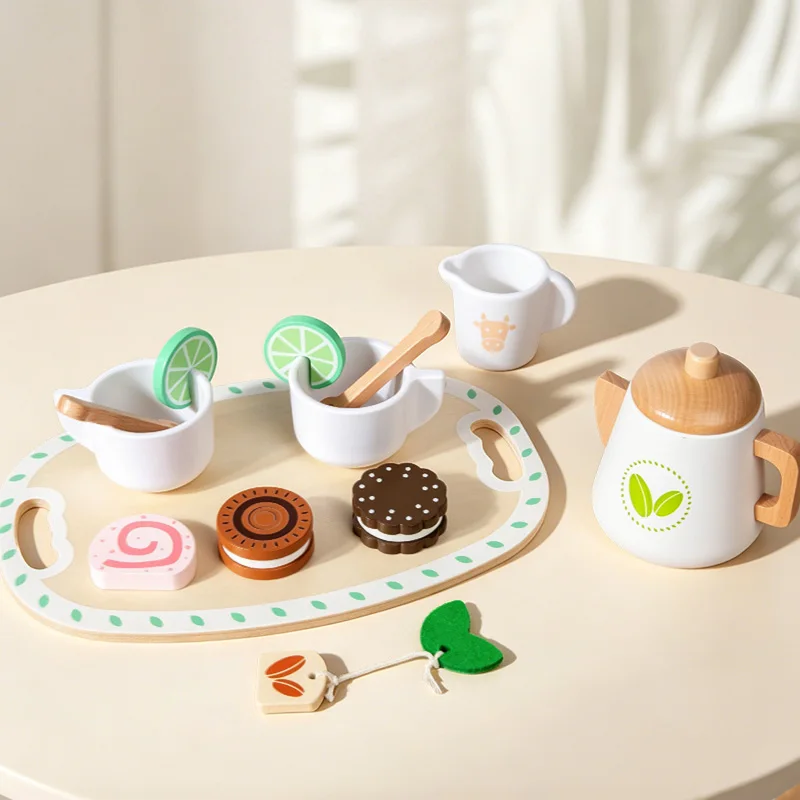 Kids Wooden Educational Toys Pretend Play Tea Dessert Set Role Play Game for Kindergarten Toddlers view 5