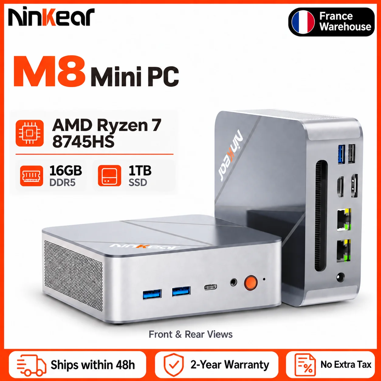 Ninkear M8 Mini PC voor thuiswerken, studie, multitasking en entertainment, AMD Ryzen 7 8745HS met 8 cores, 16GB DDR5 RAM, 1TB SSD, Radeon 780M, Windows 11, WiFi 6, Bluetooth 5.2, ruimtebesparende