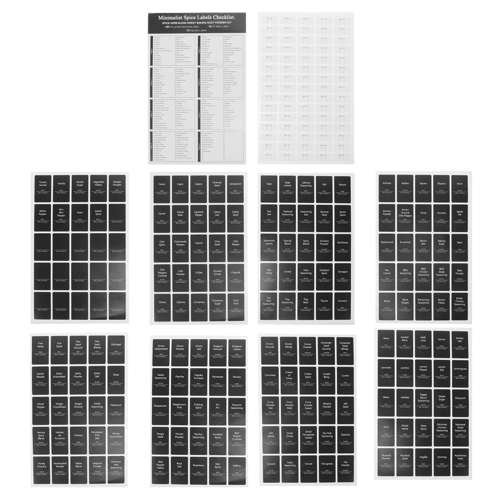 6 Blatt Etikettenaufkleber für Küchengewürzgläser, bedruckt, selbstklebende Flaschenetikettenaufkleber für die Gewürzaufbewahrung, Markierungswerkzeug
