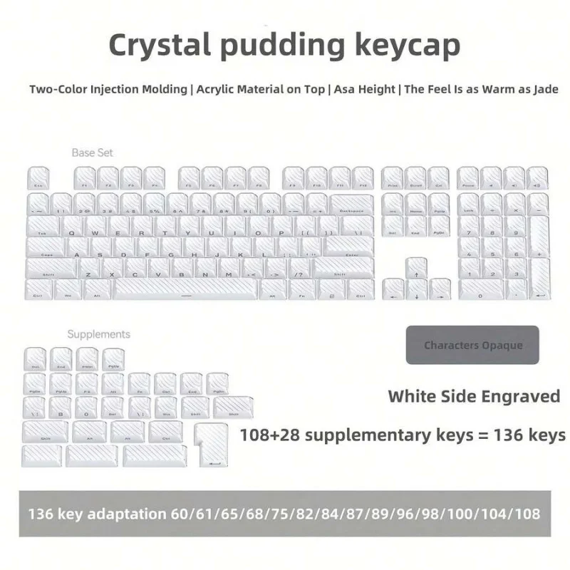 

136KeyPBTCustomized Keycap Set Crystal Wave Two-Tone Side-Etched Translucent Crystal Double-Layer Flow Pattern Keyboard Keycaps