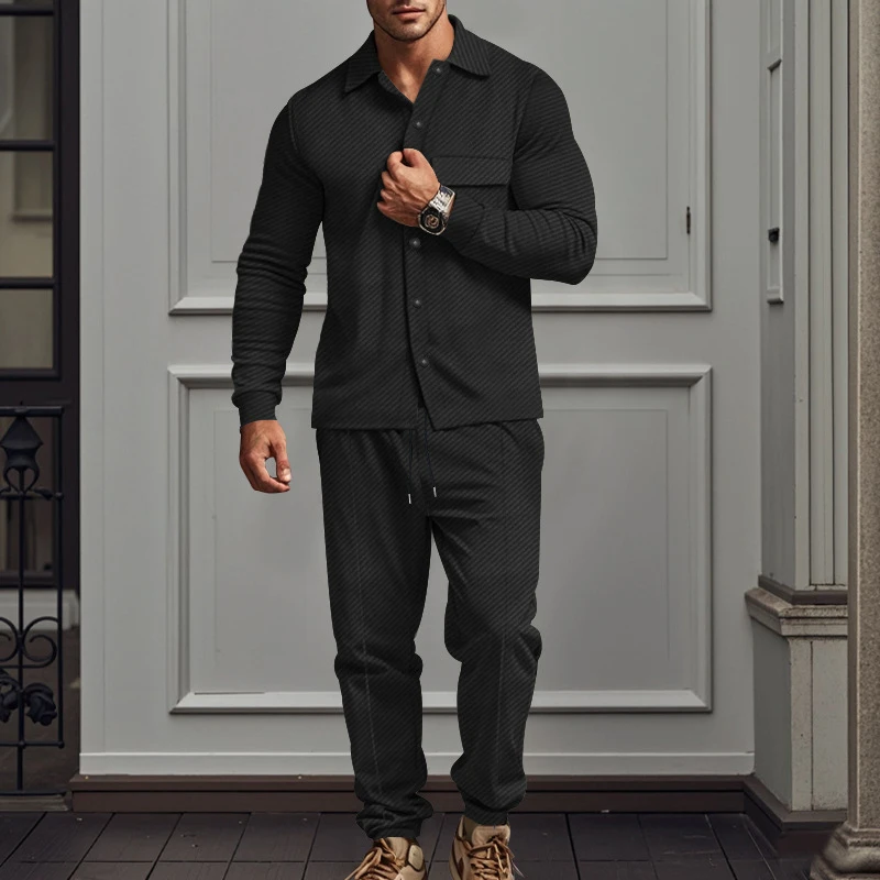 New Fashion Twill Solid Color Tracksuits Mens Autumn Long Sleeve Lapel Cargo Shirt And Pants Two Piece Sets Men Streetwear Suits