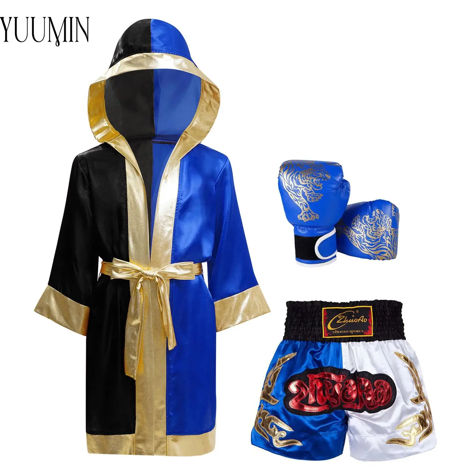 Kids Boys Boxing Sports Costume Long Sleeve Color Block Hooded Robe+Shorts+Boxer Gloves Outfits Halloween Cospaly Costume Set