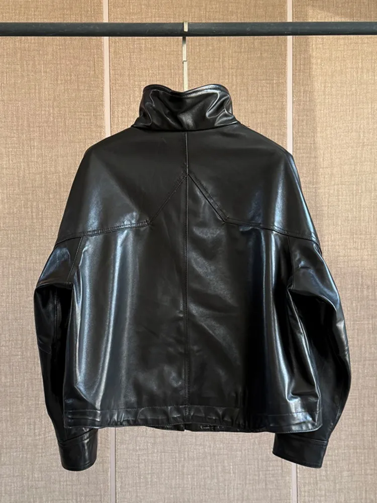 Hohe Qualität Frauen Mode Kurze Echtes Leder Jacke Mantel Stehkragen Echt Schaffell Lose Fit Retro Zipper Chic Oberbekleidung