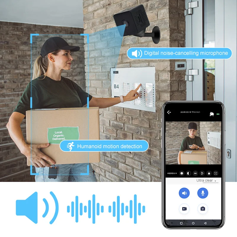 Умная мини-камера безопасности: Подключение AP/WiFi, удаленный просмотр через приложение, сигнализация, обнаружение движения/звука, ИК Ночное Видение, 2-сторонний Интерком