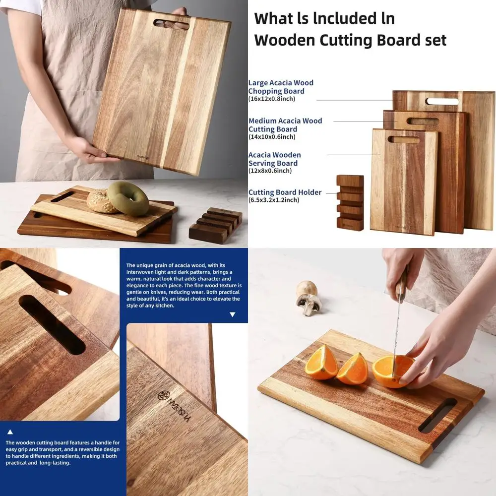 

Acacia Wood 3-Piece Kitchen Cutting Board Set with Handle, Thick Butcher Block for Meat, Fruits, Vegetables, and Cheese