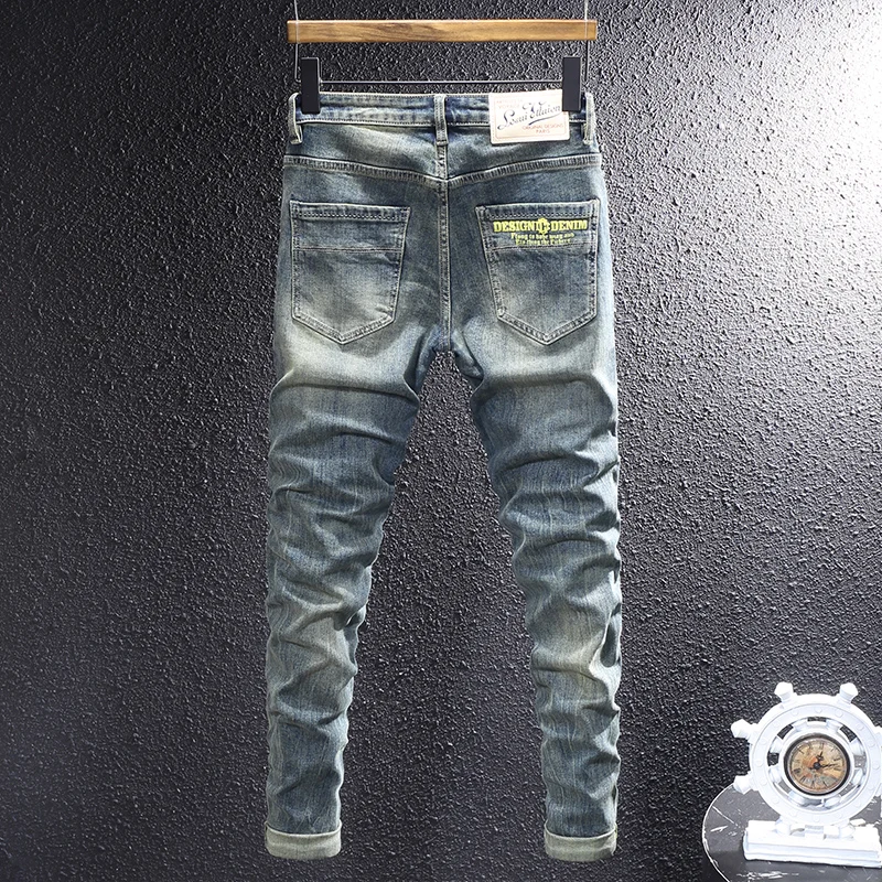 Modedesigner-Herren-Retro-Jeans, gewaschen, blau, elastisch, schmal geschnitten, bedruckt, gewellt, italienischer Stil, Retro-Jeans für Herren