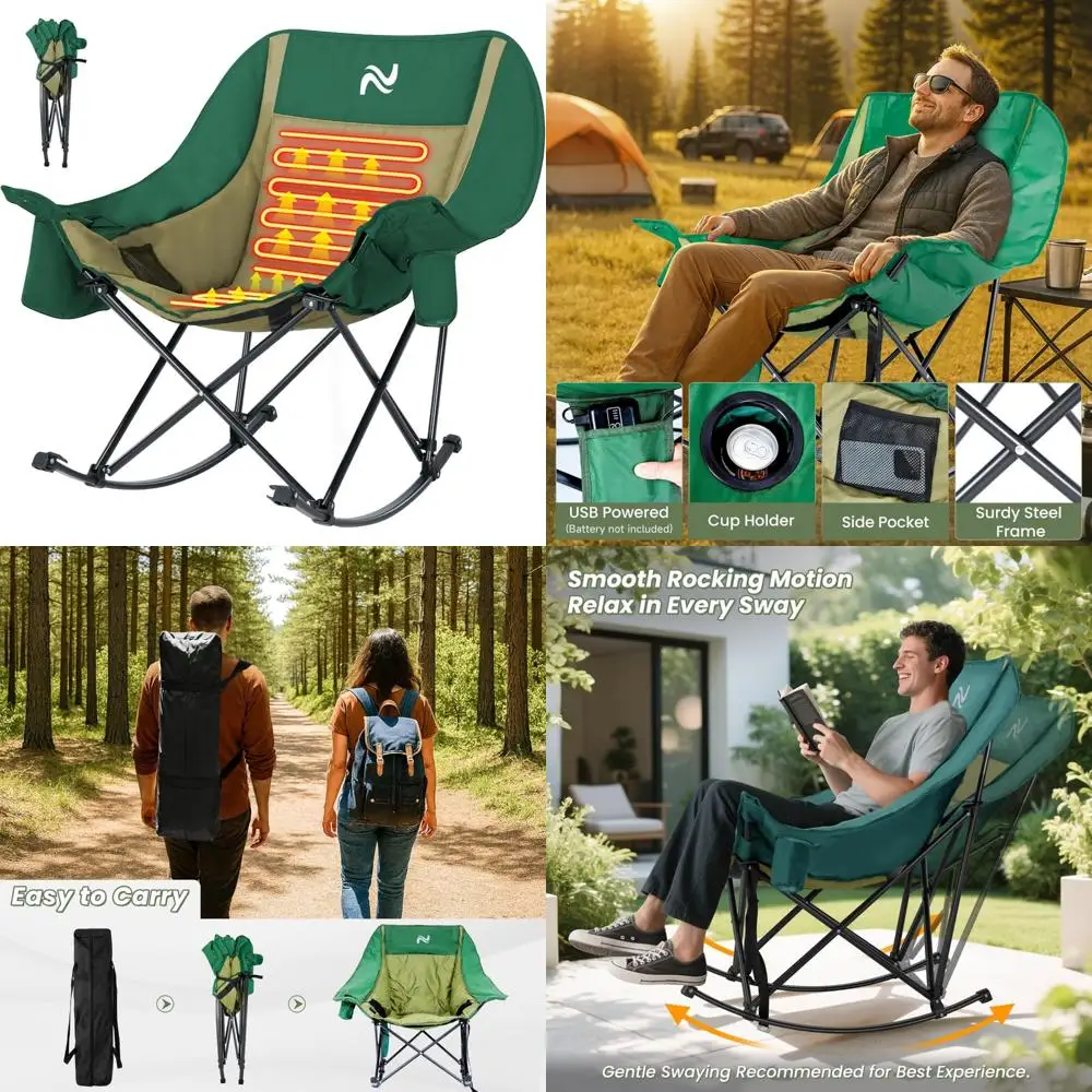 كرسي تخييم هزاز كبير الحجم للبالغين - كرسي حديقة خارجي مبطن بالكامل قابل للطي مع جيب جانبي، كرسي محمول
