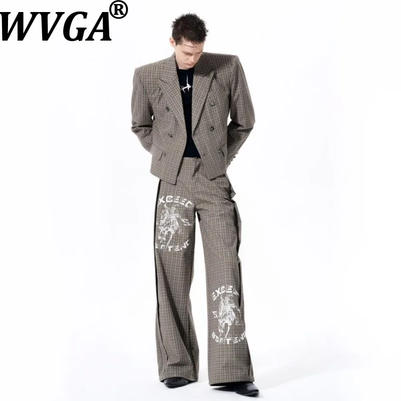 

WVGA Spring Autumn New Man Turn-Down Collar Retro Short Plaid Blazer Niche Chic Casual Straight Suit Pants Two Pieces Set W20228