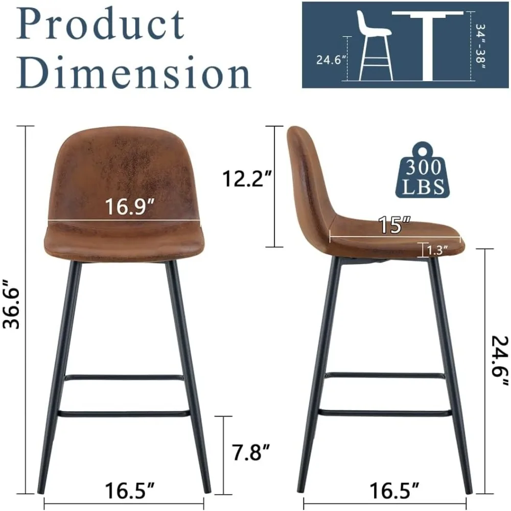 ชุดเก้าอี้บาร์สูง 24 นิ้วหุ้มผ้า 4 ตัวพร้อมพนักพิงและขาโลหะ