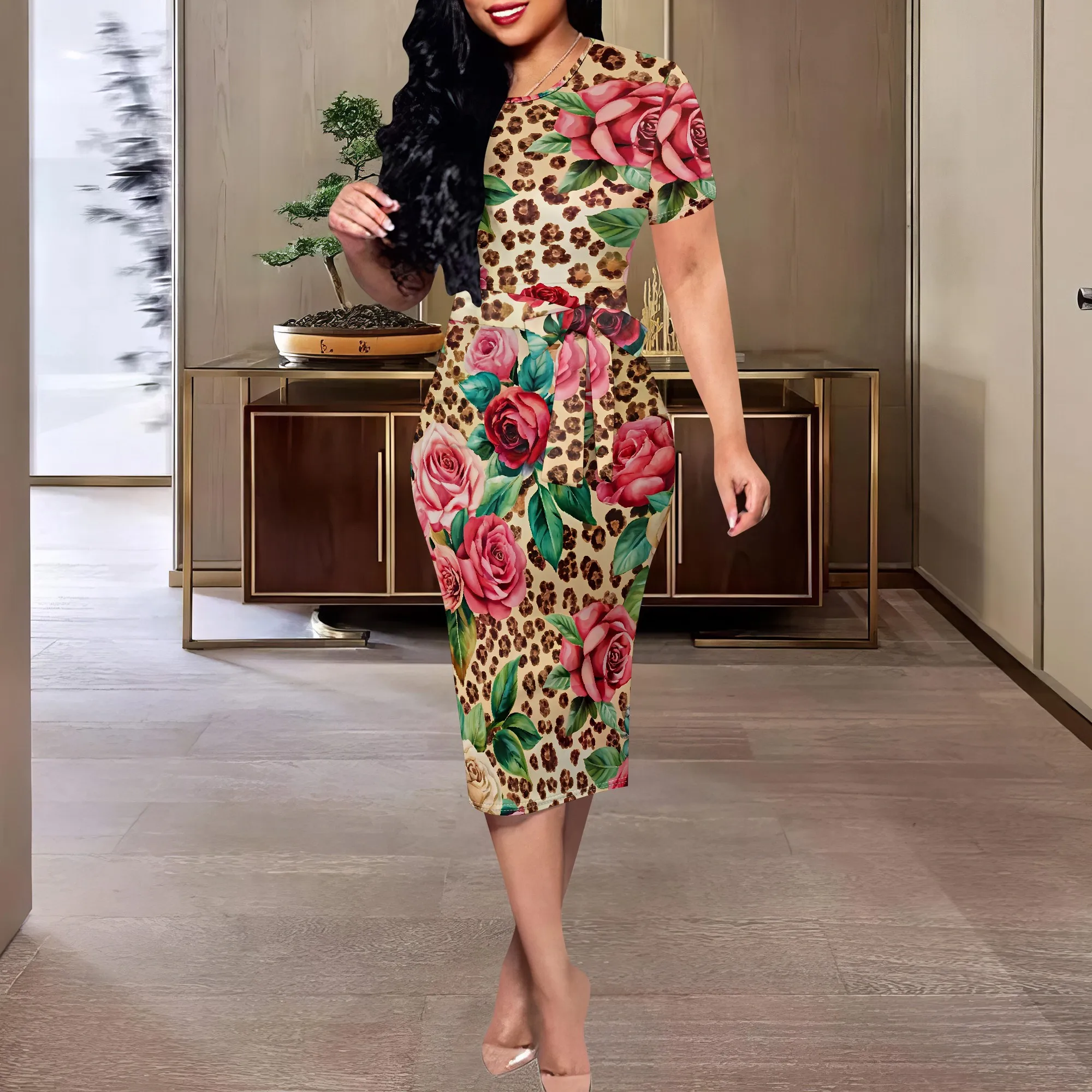 

Women's Rose Leopard Print Pencil Dress - Elegant Fall Winter Office & Holiday Party Dress with Belt - XS-3XL